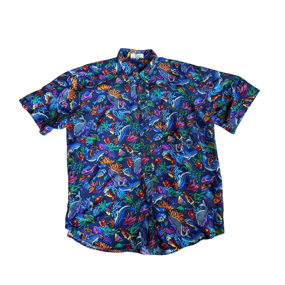 Vintage Fish AllOverPrint Shirt Silk Mens Medium